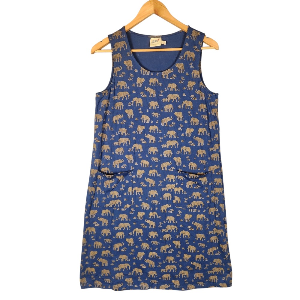 Mata Traders Dress Medium Blue Elephant Print Organic Cotton Sleeveless Mini
